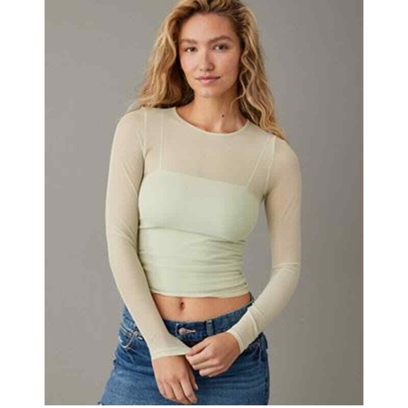 Y2K AMERICAN EAGLE Mini woman green sheer poly elastane long sleeve boho top M - Picture 1 of 13